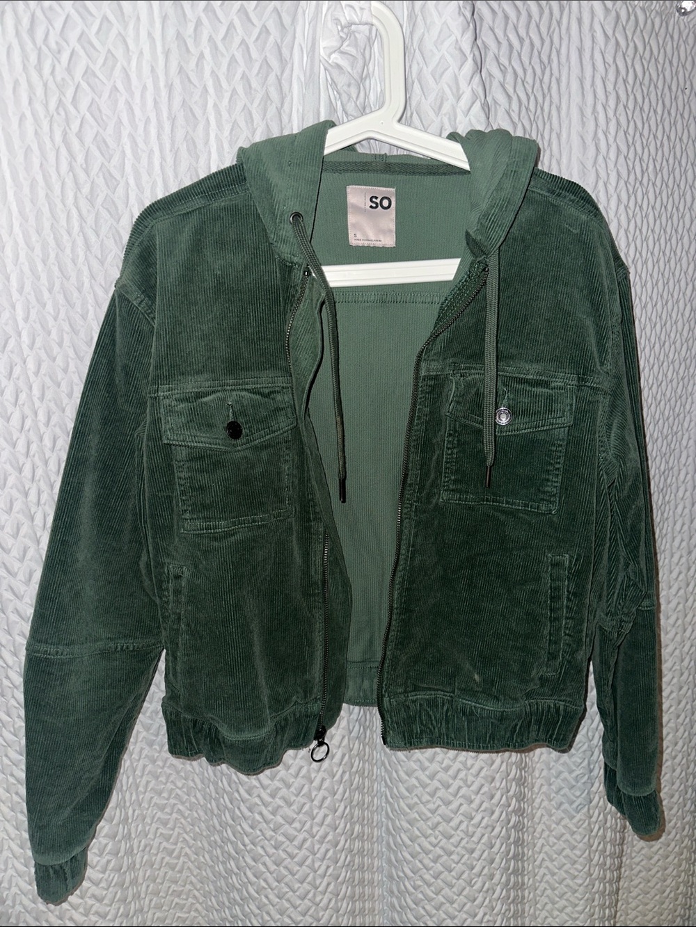 SO Dark Green Corduroy Hooded Zip Jacket